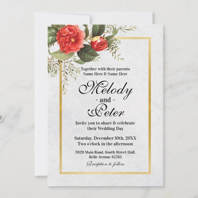Wedding Red Flowers Gold Grey Festive Christmas Invitation (Front)