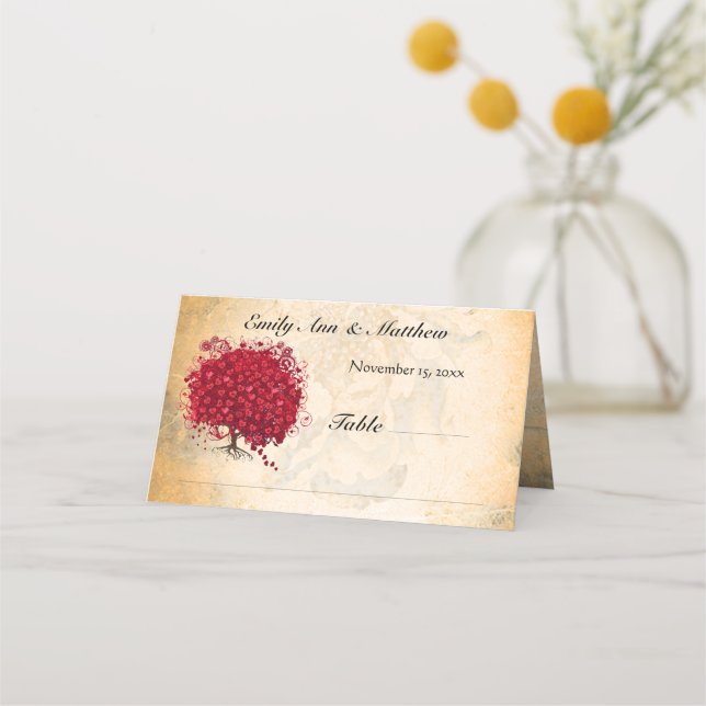 Wedding Red Heart Leaf Tree on Gold Rose Place Card (Front)