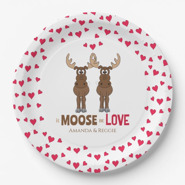 Wedding Red Hearts Cute Moose Whimsical Custom Paper Plate (Front)