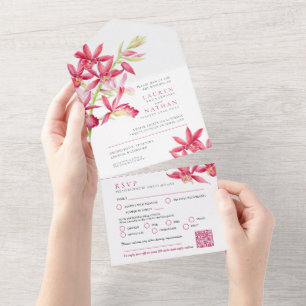Wedding red jewel orchid watercolor meal RSVP QR All In One Invitation