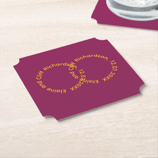 Wedding Red  Names in Circles Paper Coaster (Angled)