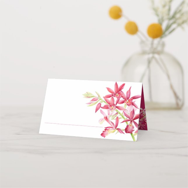 Wedding red orchid flower watercolor place card (Front)