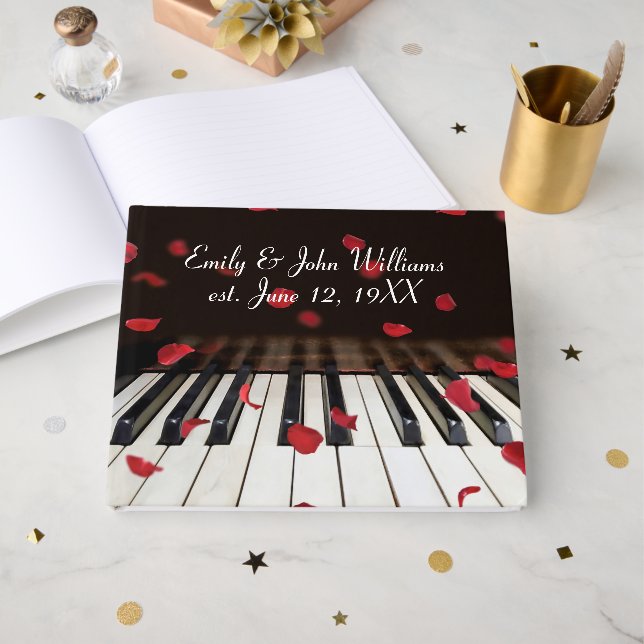 Wedding Red Rose Petals on Piano Keys Guest Book (Front Open)