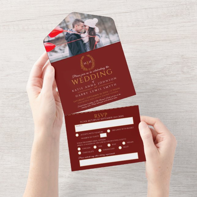 Wedding red white gold oval leaves monogram photo all in one invitation (Tearaway)