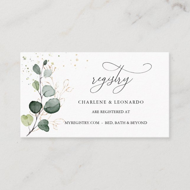 Wedding Registry Eucalyptus Gold Floral Place Card (Front)