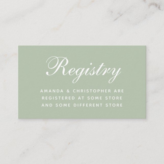 Wedding Registry Sage Simple Calligraphy Green Enclosure Card (Front)