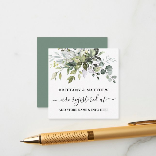 Wedding Registry Watercolor Greenery Sage Green Enclosure Card (Front/Back In Situ)