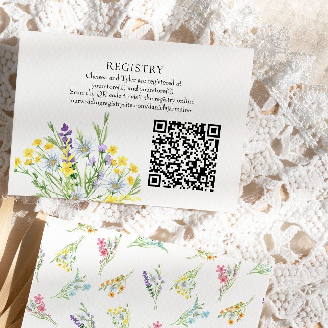 Wedding Registry Website and QR Code Wildflower Enclosure Card (Wedding Registry card with store names, registry website and QR code - Wildflower Meadow collection)