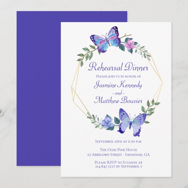 Wedding Rehearsal Butterfly Blue Butterflies Invitation (Front/Back)