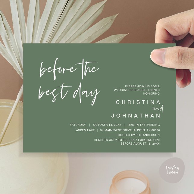 Wedding Rehearsal Dinner, Before the Best Day Invitation (Wedding Rehearsal Dinner, Lunch, Brunch, Before the Best Day Invitation Card, PDF, Forest Sage Green)