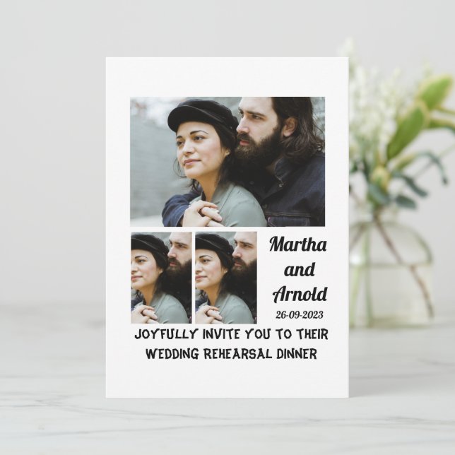Wedding Rehearsal Dinner custom 3 Photo Collage  Invitation (Standing Front)