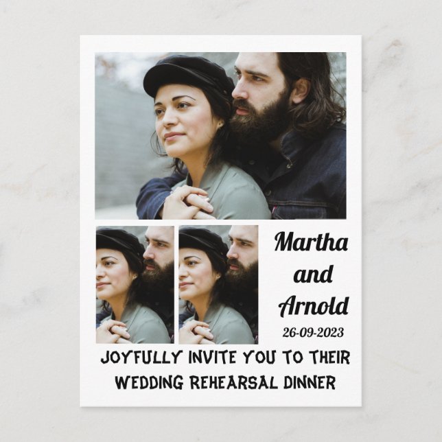 Wedding Rehearsal Dinner custom 3 Photo Collage Invitation Postcard (Front)