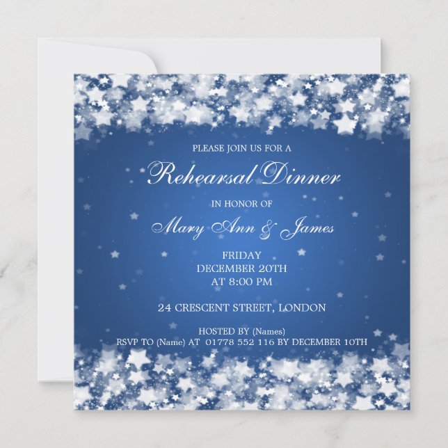 Wedding Rehearsal Dinner Dazzling Stars Blue Invitation (Front)