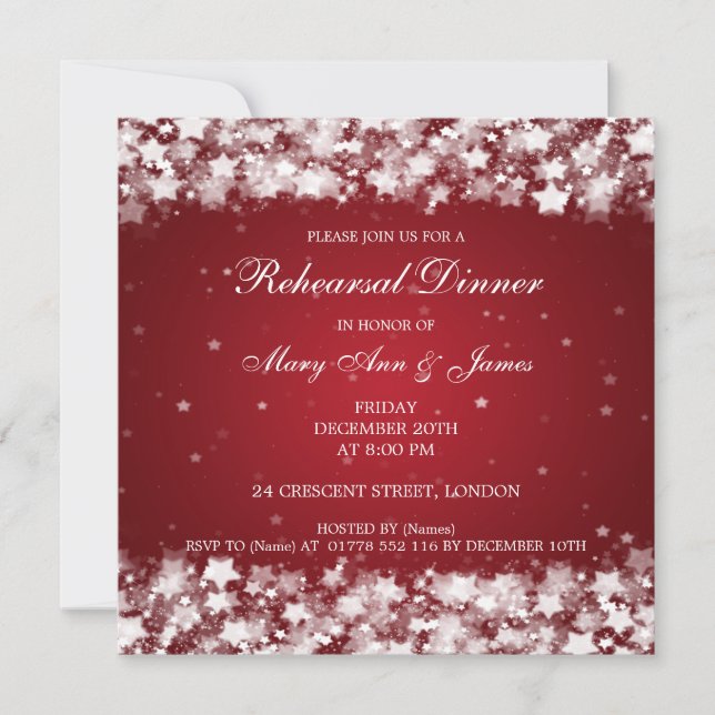 Wedding Rehearsal Dinner Dazzling Stars Red Invitation (Front)