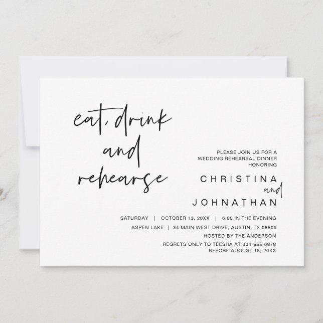 Wedding Rehearsal Dinner, Eat, Drink and Rehearse Invitation (Front)