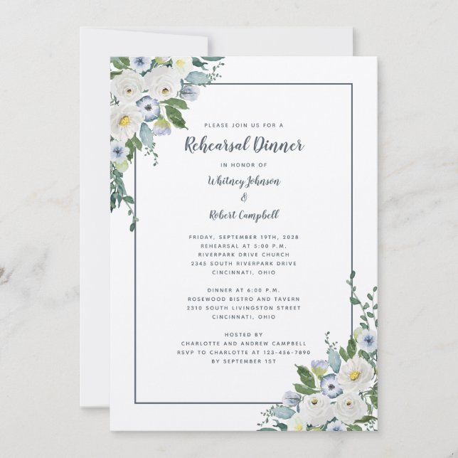 Wedding Rehearsal Dinner Elegant Floral Chic Grey  Invitation (Front)
