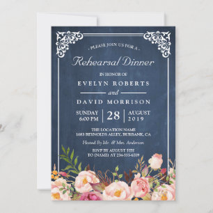 Wedding Rehearsal Dinner Floral Blue Chalkboard Invitation