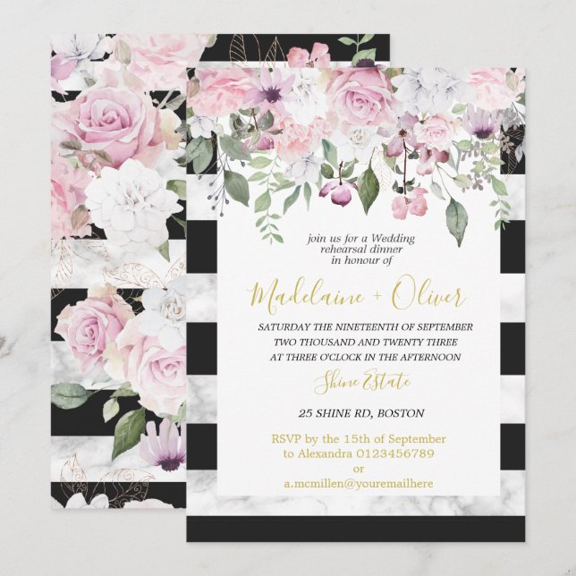 Wedding Rehearsal Dinner Floral Marble Black Chic  Invitation (Front/Back)