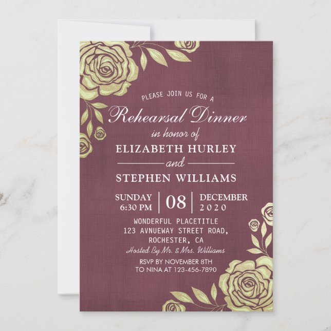 Wedding Rehearsal Dinner Golden Roses Burgundy Red Invitation (Front)
