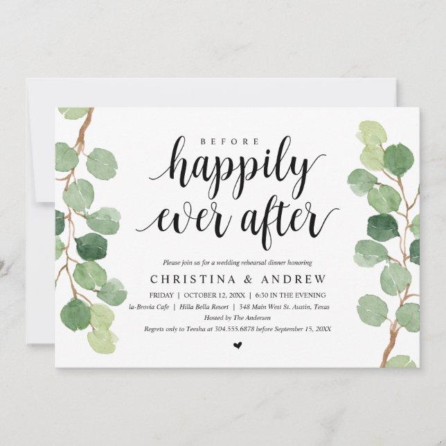 Wedding Rehearsal Dinner. Greenery Eucalyptus Invitation (Front)