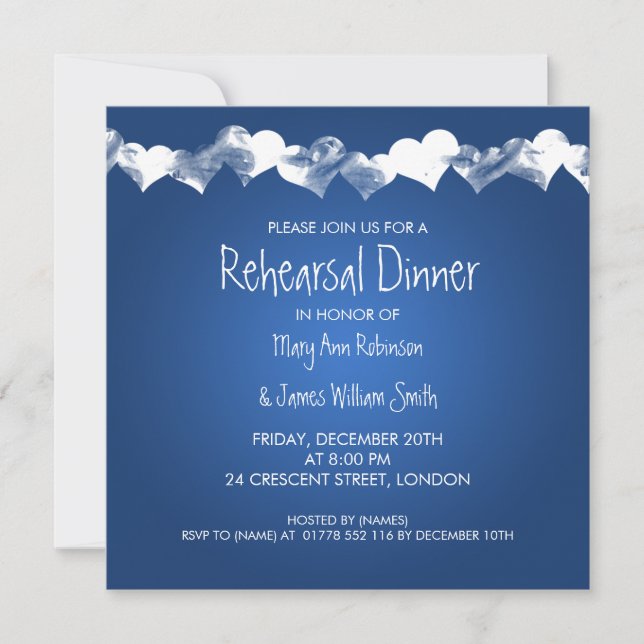 Wedding Rehearsal Dinner Grunge Hearts Blue Invitation (Front)