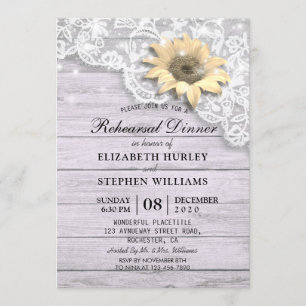 Wedding Rehearsal Dinner Lace Sunflower Wood Light Invitation