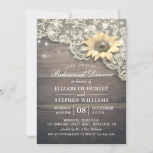 Wedding Rehearsal Dinner Lace Sunflower Wood Light Invitation