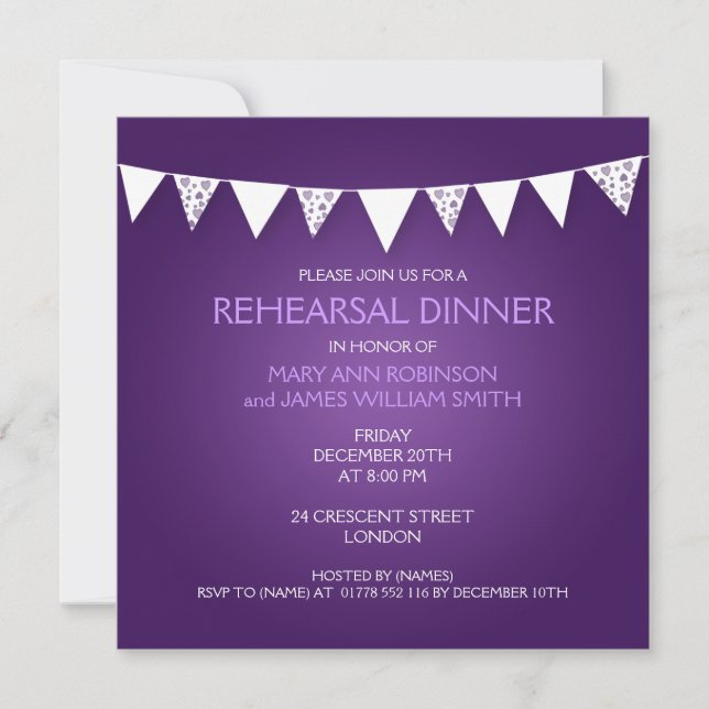 Wedding Rehearsal Dinner Love Bunting Purple Invitation (Front)
