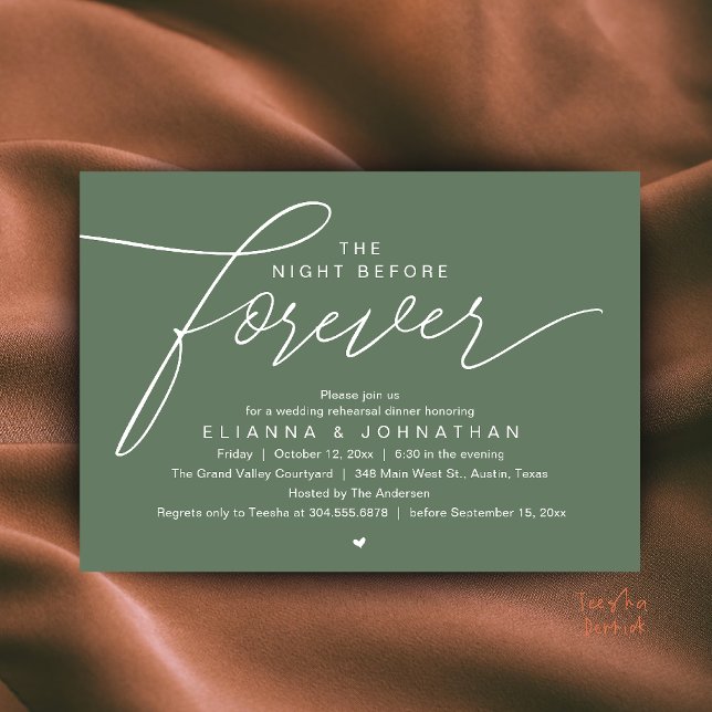 Wedding Rehearsal Dinner, Modern Elegant Script Invitation (The Night Before Forever, Wedding Rehearsal Dinner, Modern Elegant Invites Card in Sage Green)