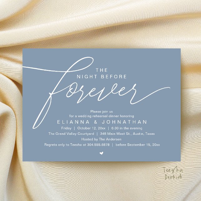 Wedding Rehearsal Dinner, Modern Elegant Script Invitation (The Night Before Forever, Wedding Rehearsal Dinner, Modern Elegant Invites Card in Dusty Blue)