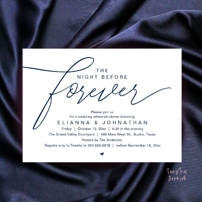 Wedding Rehearsal Dinner, Modern Elegant Script Invitation (The Night Before Forever, Wedding Rehearsal Dinner, Modern Elegant Invites Card in navy Blue)