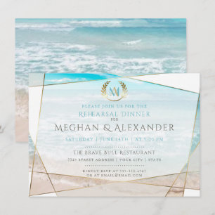 Wedding Rehearsal Dinner   Modern Monogram Beach Invitation