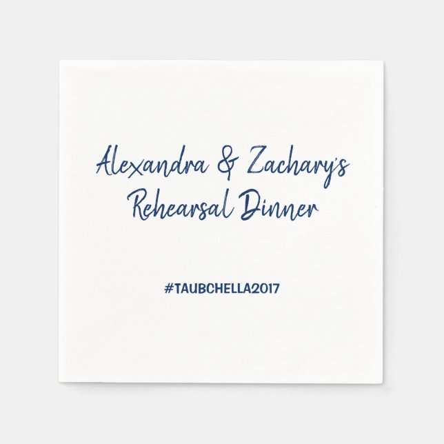 Wedding Rehearsal Dinner Napkins Hashtag Navy (Front)