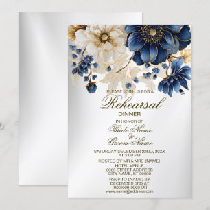 Wedding Rehearsal Dinner Navy Blue White Floral Invitation