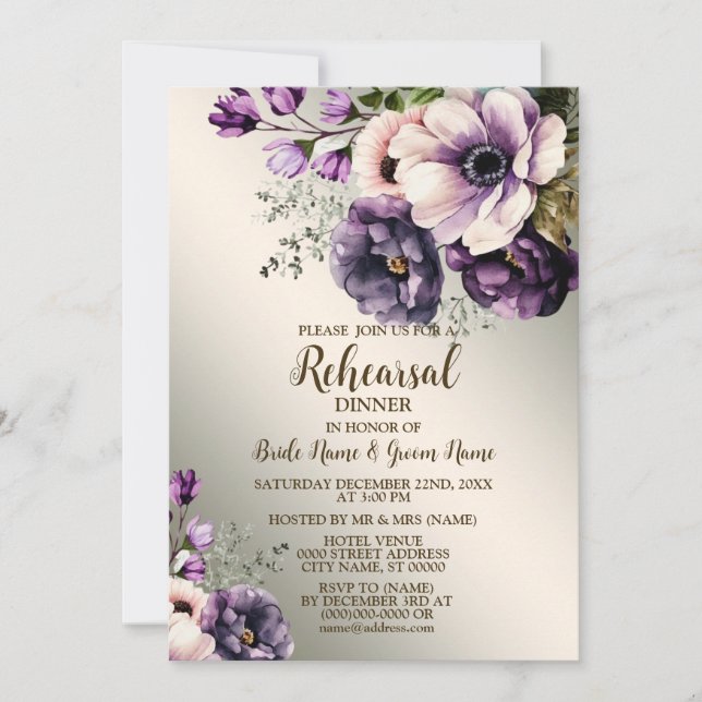 Wedding Rehearsal Dinner Party Purple Pink Flowers Invitation (Front)