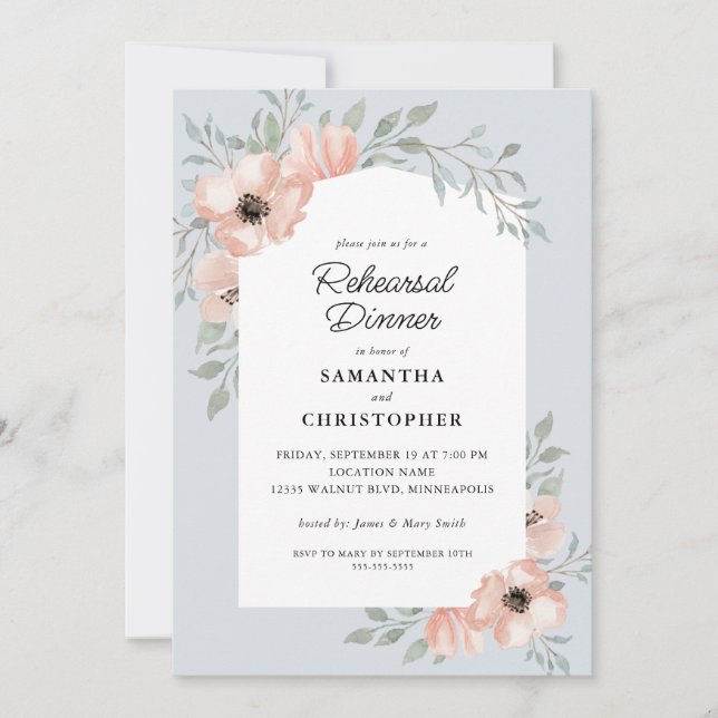 Wedding Rehearsal  Dinner Peach Flowers Dusty Blue Invitation (Front)