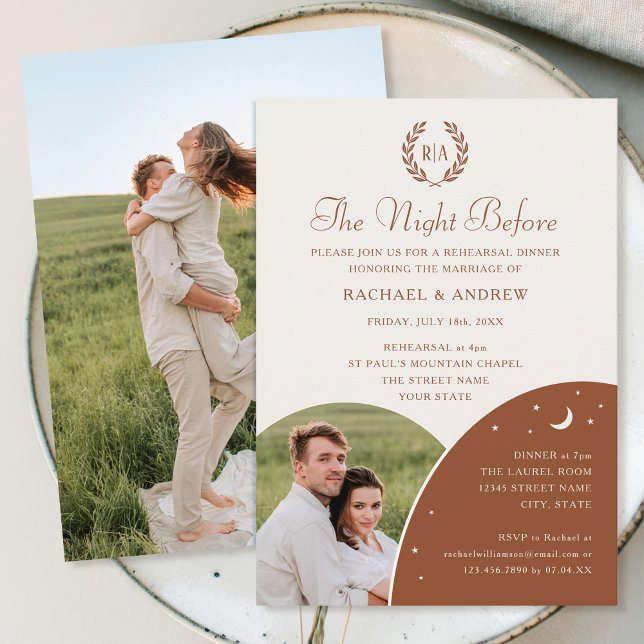 Wedding Rehearsal Dinner Photo Monogram Terracotta Invitation (Creator Uploaded)