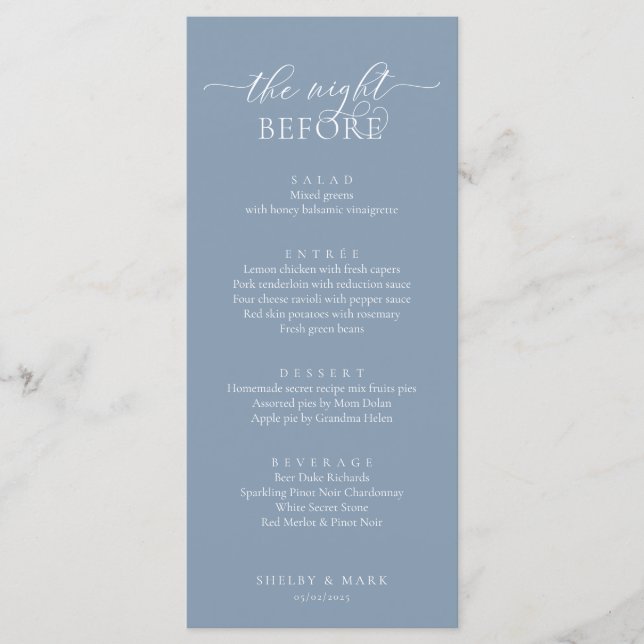 Wedding Rehearsal Dinner, Romantic Dusty Blue Menu (Front)