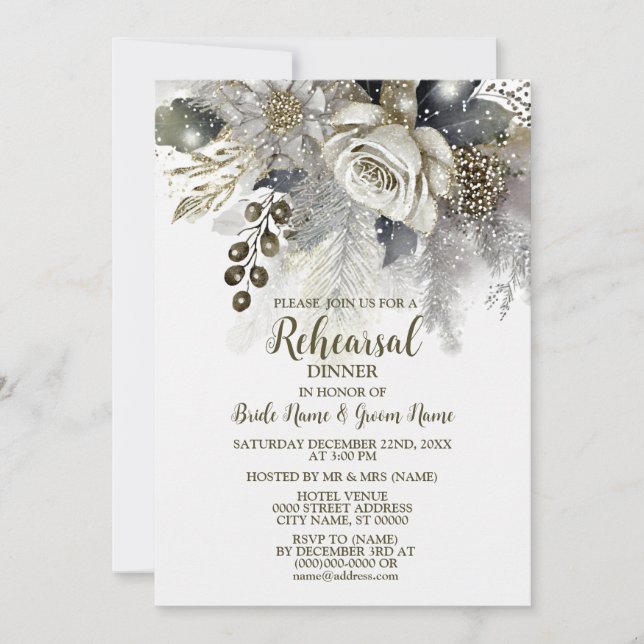 Wedding Rehearsal Dinner Silver Golden White Roses Invitation (Front)
