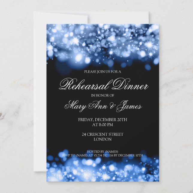 Wedding Rehearsal Dinner Sparkling Lights Sapphire Invitation (Front)