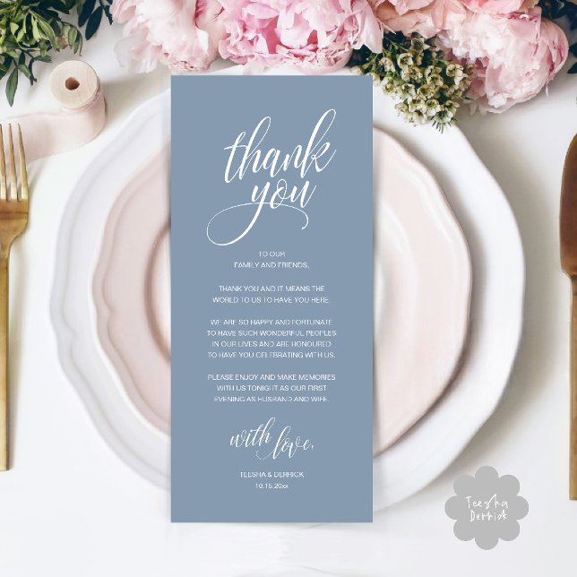 Wedding Rehearsal Dinner Thank You Card (Modern Romantic Wedding Reception Dinner Thank You Card in Dusty Blue)