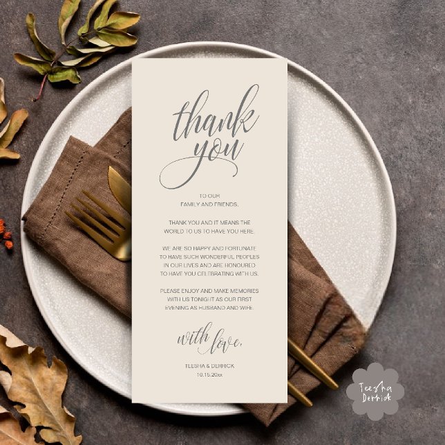 Wedding Rehearsal Dinner Thank You Card (Modern Romantic Wedding Reception Dinner Thank You Card in Cream Grey)