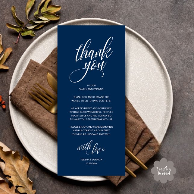 Wedding Rehearsal Dinner Thank You Card (Modern Romantic Wedding Reception Dinner Thank You Card in Navy Blue)