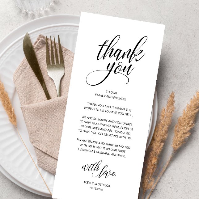 Wedding Rehearsal Dinner Thank You Card (Modern Romantic Wedding Reception Dinner Thank You Card in Black and White)