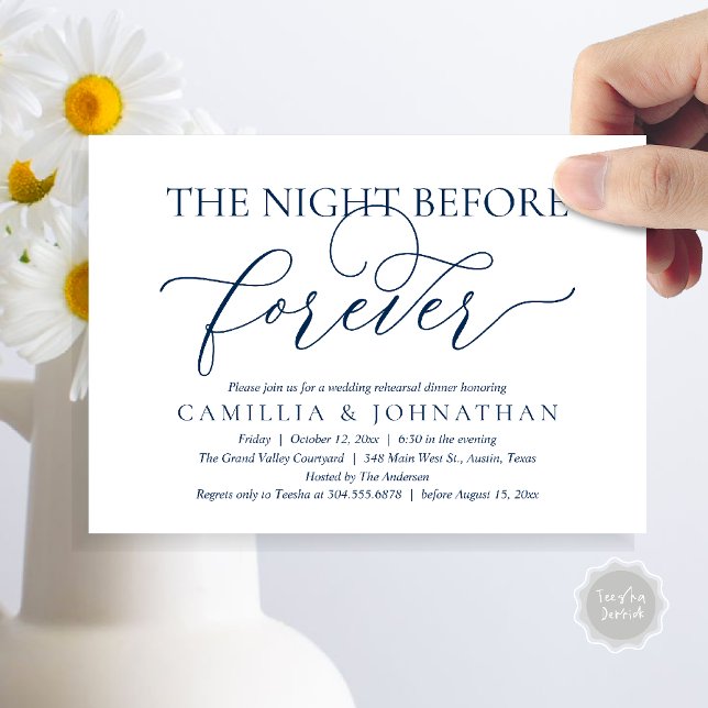 Wedding Rehearsal Dinner, The Night Before Forever Invitation (The Night Before Forever Wedding Rehearsal Dinner Romantic Classy Invites Card PDF in Navy Blue)
