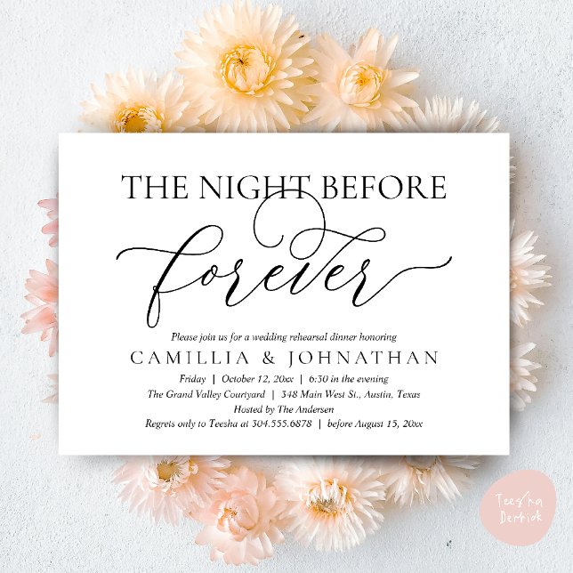 Wedding Rehearsal Dinner, The Night Before Forever Invitation (The Night Before Forever Wedding Rehearsal Dinner Romantic Classy Invites Card PDF in Black White)