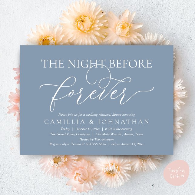 Wedding Rehearsal Dinner, The Night Before Forever Invitation (The Night Before Forever Wedding Rehearsal Dinner Romantic Classy Invites Card PDF in Dusty Blue)