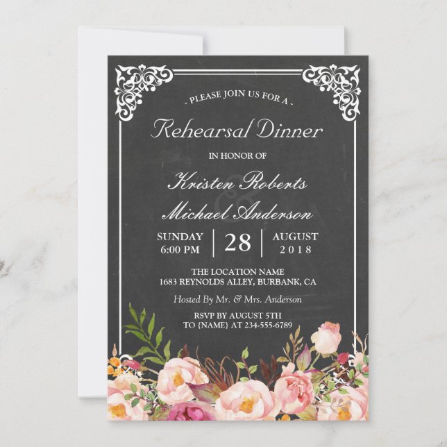 Wedding Rehearsal Dinner Vintage Floral Chalkboard Invitation (Front)