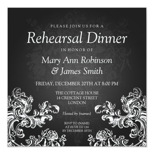Wedding Rehearsal Dinner Vintage Swirls 2 Black Card