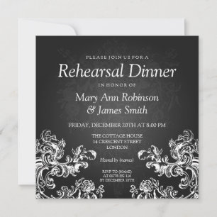 Wedding Rehearsal Dinner Vintage Swirls 2 Black Invitation